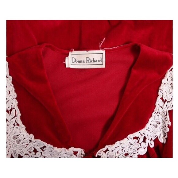 Vintage Velour Plush Red Rose Lace House Coat Goth Luxe Medium Prairie Cottage - Picture 5 of 5